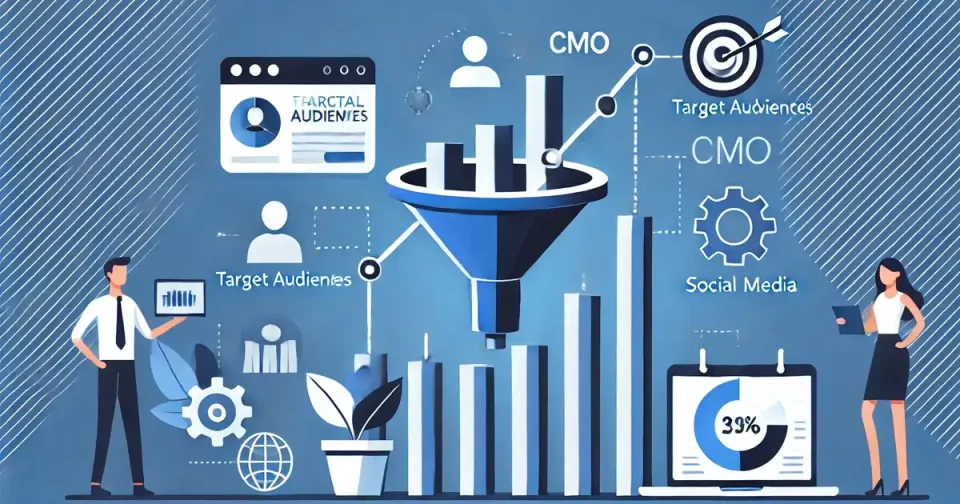 fractional cmo services flat design illustration in blue featuring a growing bar chart with a marketing funnel