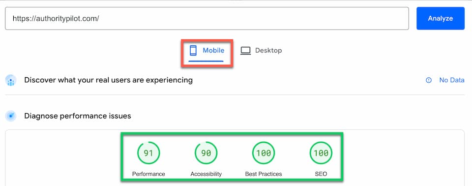 google pagespeed insights performance report showing all positive green results for mobile devices