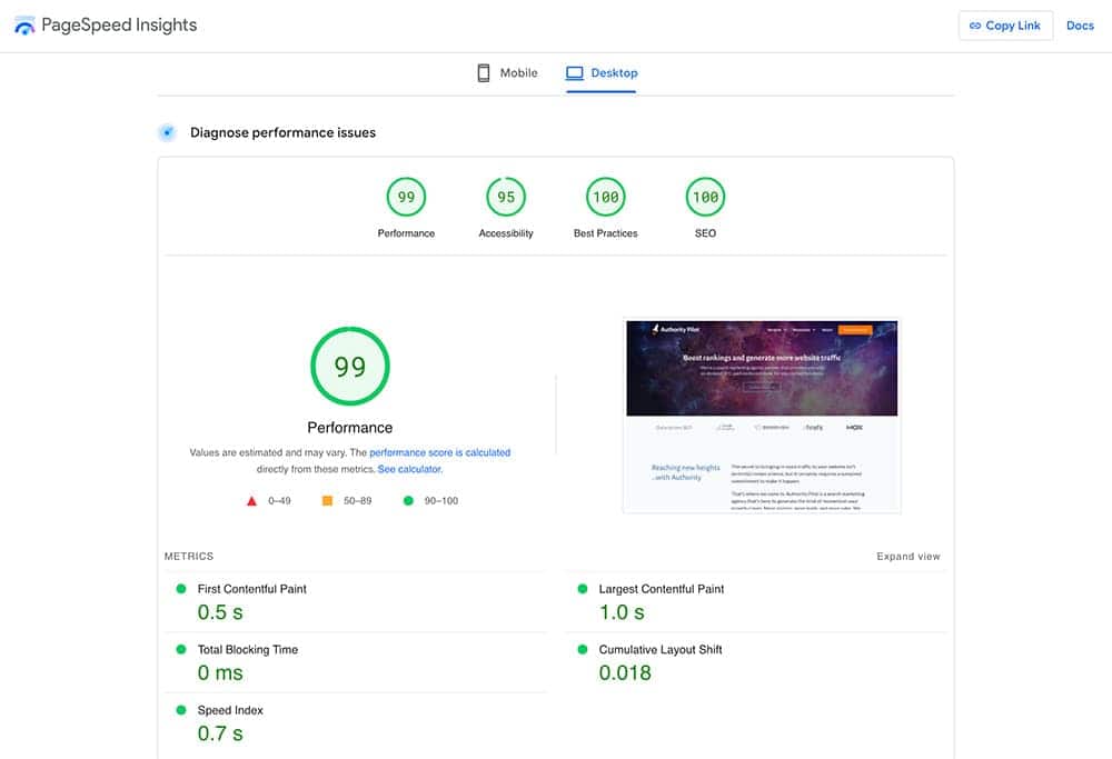 An image displaying exemplary PageSpeed performance results with a high score