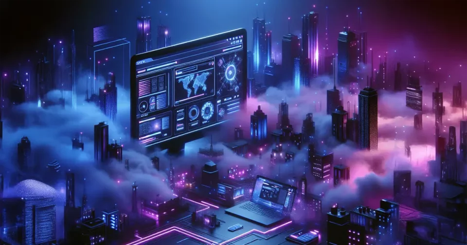 web design for small businesses cyberpunk image of could and fog rolling through city at night with laptop and monitor in the forefront